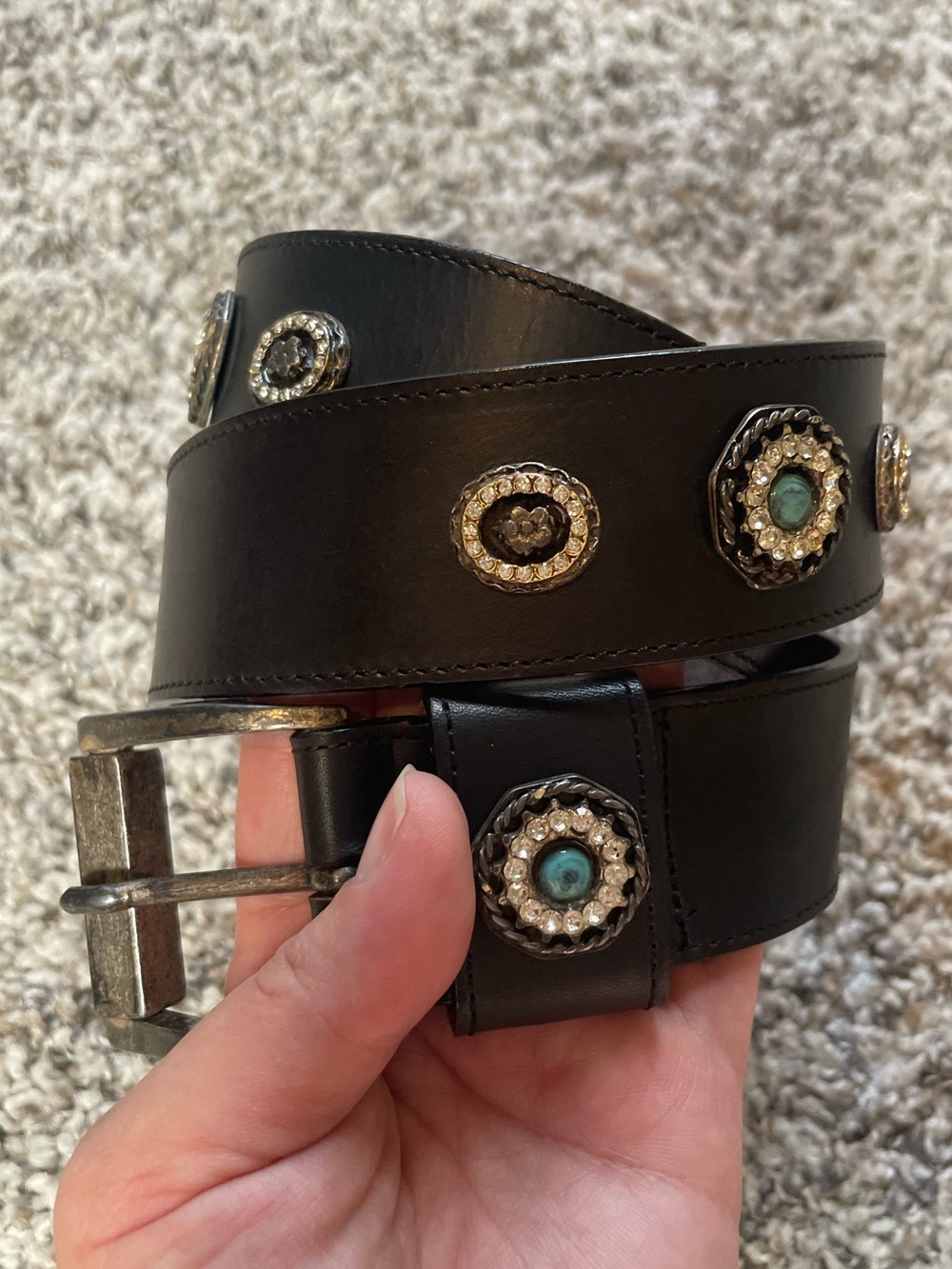 Linea Pelle Studded Turquoise Genuine Leather Black Belt Women's Sz M